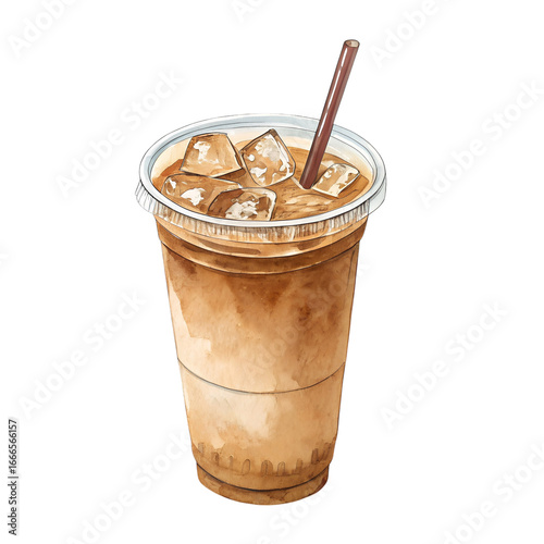 Watercolor painting of iced coffee in plastic cup with straw on transparent background