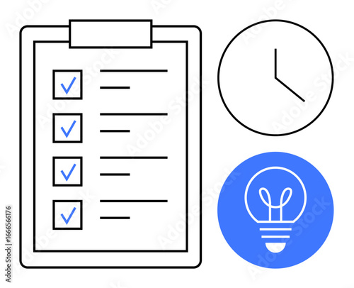 Clipboard checklist with checkmarks, a clock, and a blue lightbulb icon. Ideal for productivity, organization, planning, time management, efficiency, creativity and a simple landing page