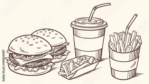 Illustration of two burgers, two servings of french fries, and a soda with a straw in black outline