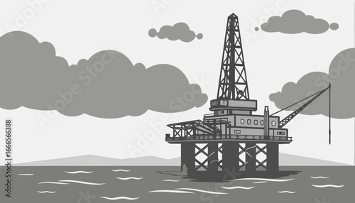 Illustration of an offshore oil rig platform with a derrick in the ocean under a cloudy sky drawing