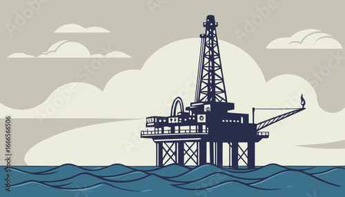 Illustration of an offshore oil rig platform with a derrick in the ocean under a cloudy sky drawing