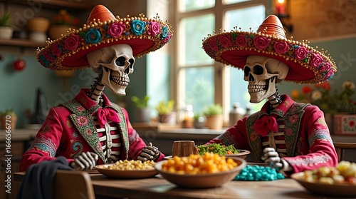 two festive skeletons wearing traditional Mexican outfits and sitting on wooden table for lunch 3d render