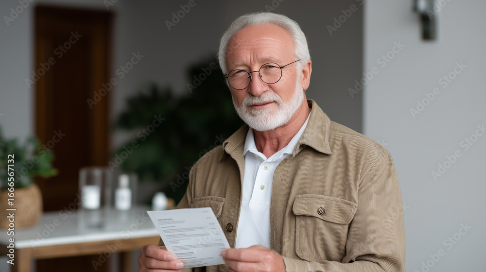 Fototapeta premium An elderly man reading a medicine leaflet with glasses, senior healthcare, medical information, elderly health, medication management, home care
