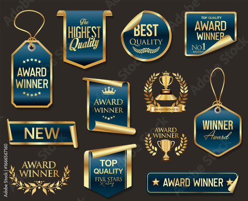 VIP, premium and gold award emblem badges and ribbon blue and gold isolated on gray background