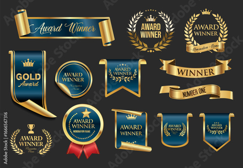 VIP, premium and gold award emblem badges and ribbon blue and gold isolated on gray background