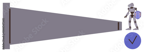 Robot holding a shield faces an expanding cone, symbolizing protection. Checkmark emphasizes security, trust, and safety. Ideal for cybersecurity, defense, AI protection, trust assurance risk