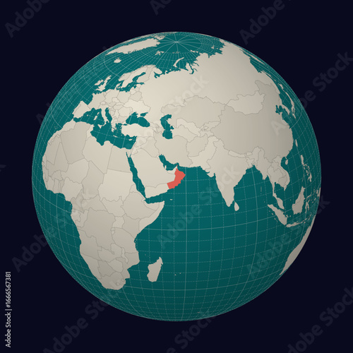 Oman on the map. Globe centered to Oman. Country location on the world map. Teal Pale Mint color palette. Globe with countries, meridians and parallels. Creative vector illustration.