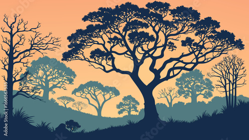 Silhouette of trees at dusk with a peach colored sky and rolling hills in the background landscape view