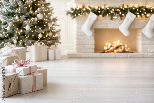 Golden gift wrapping, room, fire and fireplace, empty wedding hall. Generative AI