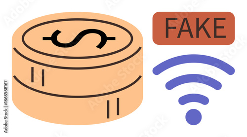 Stack of coins, FAKE label, wireless signal representing money fraud, digital scams, counterfeiting, cybersecurity threats. Ideal for fraud prevention, e-commerce, banking warning signs finance