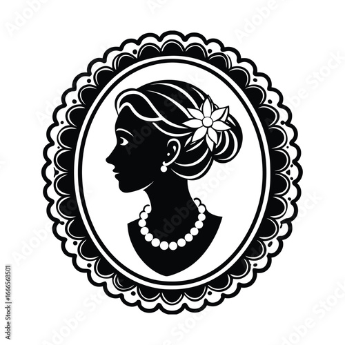 Cameo silhouette vector on white background. cameo frame with floral accents. beautiful woman's head in a round frame on white background. 