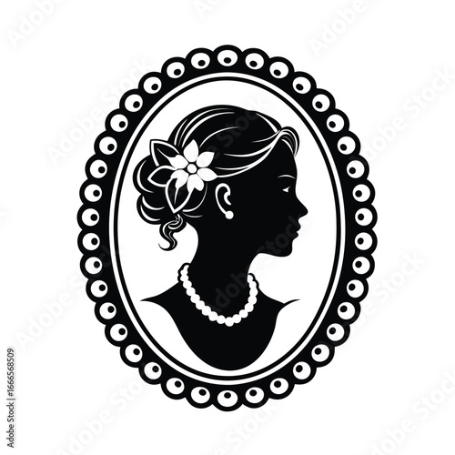 Cameo silhouette vector on white background. cameo frame with floral accents. beautiful woman's head in a round frame on white background. 