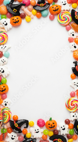 Vibrant and playful Halloween candy border, a delightful assortment of spooky treats like pumpkins, ghosts, and witch hats framing a clean white space for festive autumn designs