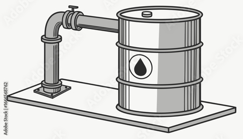 Illustration of an oil drum connected to a pipe on a base with a drop symbol on the side of drum