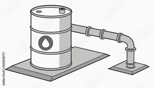Illustration of an oil drum connected to a pipe on a base with a drop symbol on the side of drum