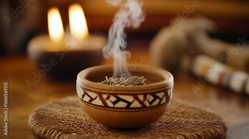 Incense smoke rising from a burning bowl of white sage