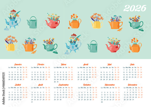 Calendrier année 2026, collection de théières avec des fleurs abstraites, couleurs printemps