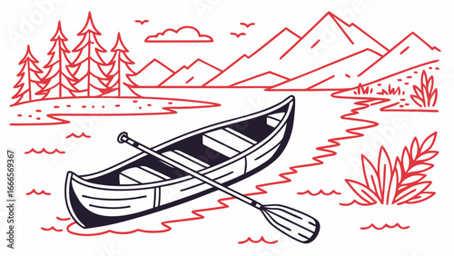 A canoe with paddle on water surrounded by mountains trees and clouds in a simple line art style