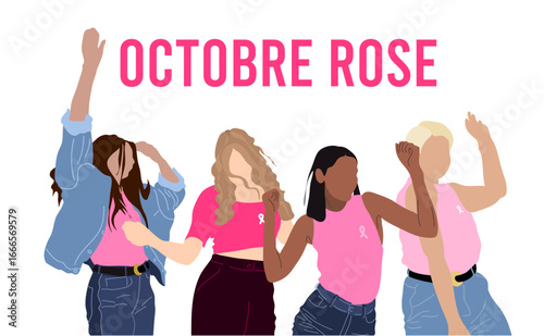 Sensibilisation au cancer du sein pour la campagne de prévention Octobre rose, groupe de femmes ethniques diverses avec un symbole de ruban de soutien sur la poitrine