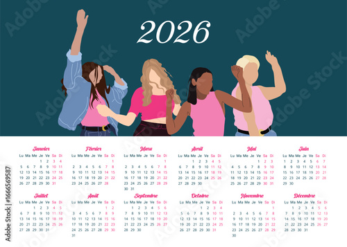 calendrier 2026 illustration femmes dansant, tous les mois de l'année