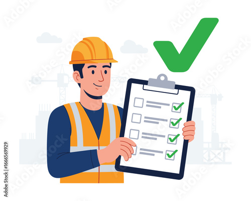 Inspection Success: A construction worker, embodying the core principles of accuracy and adherence, proudly displays a clipboard, each item meticulously checked.