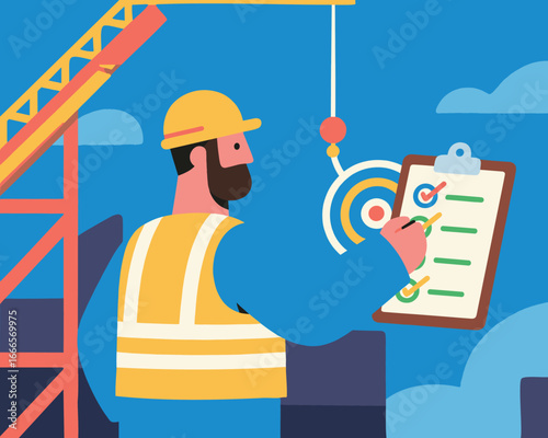 Construction Inspection: A determined worker in a hard hat meticulously reviews a checklist at a construction site, assessing project progress.