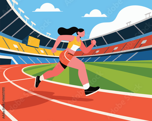 Athlete's Pursuit in Stadium: Capturing an energetic female athlete as she sprints around the track in an outdoor stadium, embodies the spirit of competition and the pursuit of excellence. 
