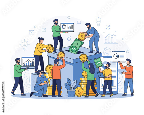 Financial Donation: A cohesive group of individuals gathers around a donation box, depositing coins and currency in a symbolic act of collective generosity and economic support.