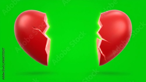  Broken Heart Emoji with Green Screen. Red Heart Shape Floating Against Green Screen