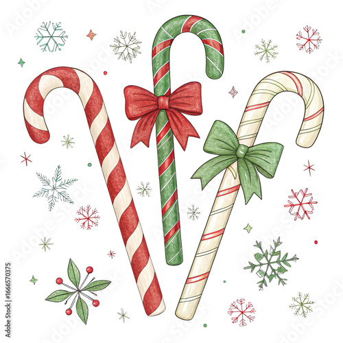Christmas Candy Canes with Bows, Watercolor Illustration Isolated on Transparent Background, Holiday Clipart, Christmas, Candy Cane, Festive