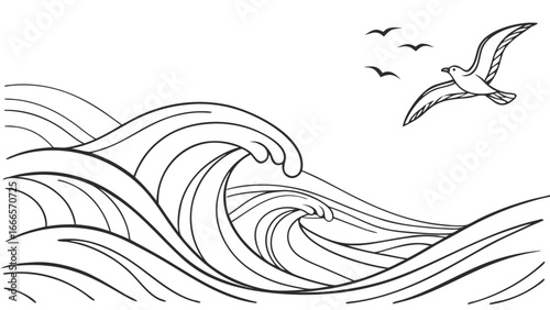 Stylized ocean waves with a seagull and three smaller birds flying above the water surface drawing