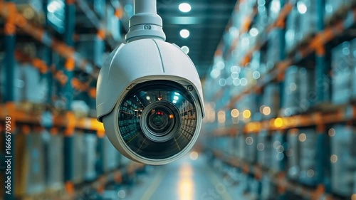 Security camera monitoring large industrial warehouse