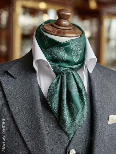 Green paisley ascot on mannequin with suit jacket