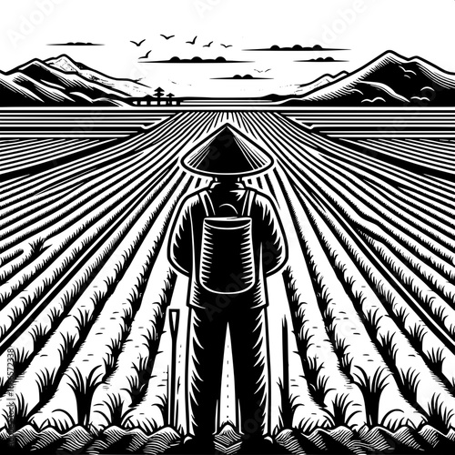Farmer with Planted Rice Field Scene