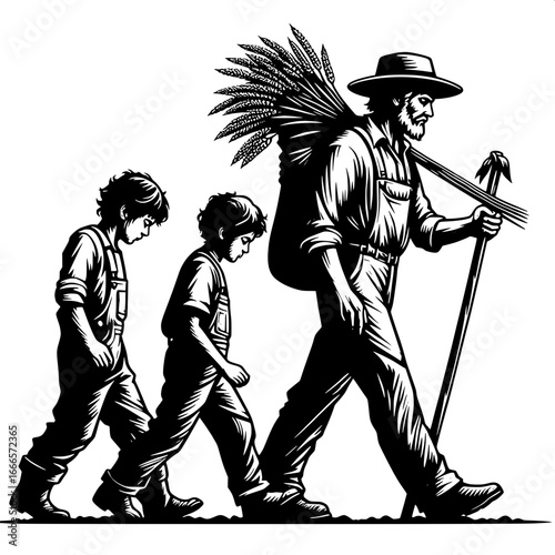 Farmer Carrying Hoe on Shoulder