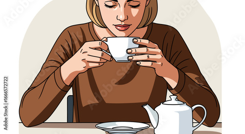 Blonde Woman Savoring a Hot Cup of Tea or Coffee, Finding a Moment of Peaceful Relaxation and Comfort