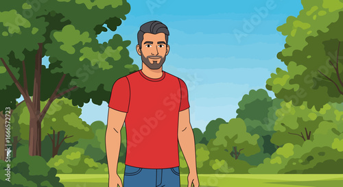 Animated Illustration of a Smiling Man with a Beard Standing in a Lush Green Park on a Bright Sunny Day