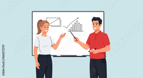 Business Professionals Collaborating on a Whiteboard Presentation, Illustrating Growth and Strategic Planning with Data