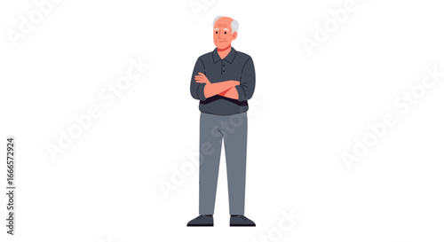 Confident Elderly Man Standing with Arms Crossed, Smiling in a Modern Flat Vector Illustration