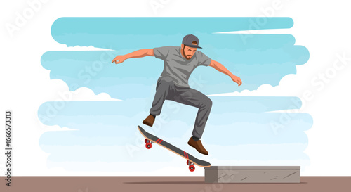 Dynamic illustration of a young man performing an impressive skateboard trick, showcasing urban sports and active