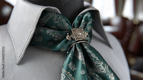 Elegant cravat with intricate design on a gray shirt.