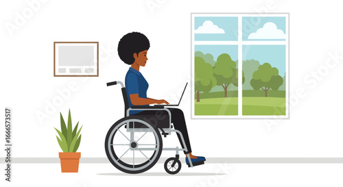 Empowered African American Woman in Wheelchair Productively Working on Laptop from Home Office with Scenic Window View