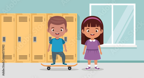 Happy Diverse School Children Standing in Hallway with Lockers and Skateboard, Ready for Learning and Fun