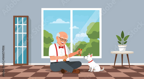 Happy Senior Man Playing with His Adorable White Dog Indoors, Enjoying a Relaxing Afternoon at Home