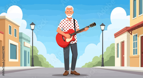 Happy Senior Man Playing Acoustic Guitar on a Vibrant City Street, Enjoying Music and Life Outdoors