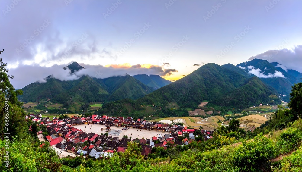 Fototapeta premium Mountain village at sunset