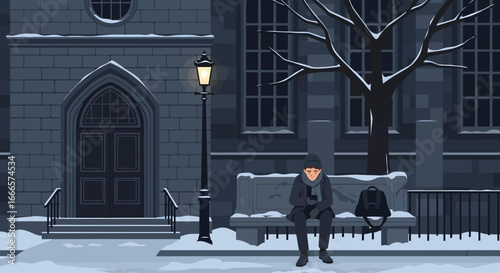 Lonely Man Sitting on a Snow-Covered Bench at Night, Engaged with His Smartphone in a Quiet Winter City Scene