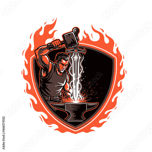 Blacksmith Mascot Logo Design Vector Illustration with Anvil and Hammer in Workshop