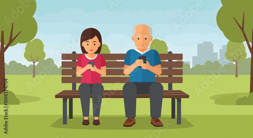 People of Different Generations Engrossed in Smartphones While Sitting on a Park Bench Outdoors