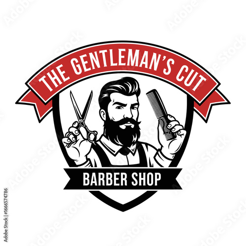 Gentleman Barbershop Logo Design Vector Illustration with Bearded Mascot in Shield Badge